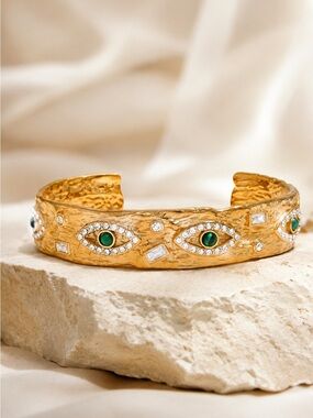 Gold plated Cuff Bracelet with Green Eye Accents